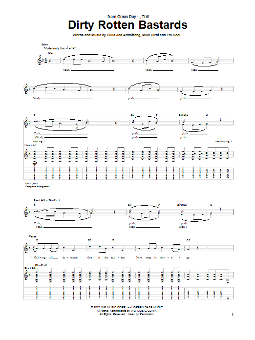 Green Day Dirty Rotten Bastards sheet music notes and chords arranged for Guitar Tab