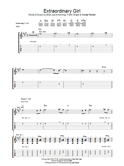 Green Day Extraordinary Girl sheet music notes and chords arranged for Guitar Tab
