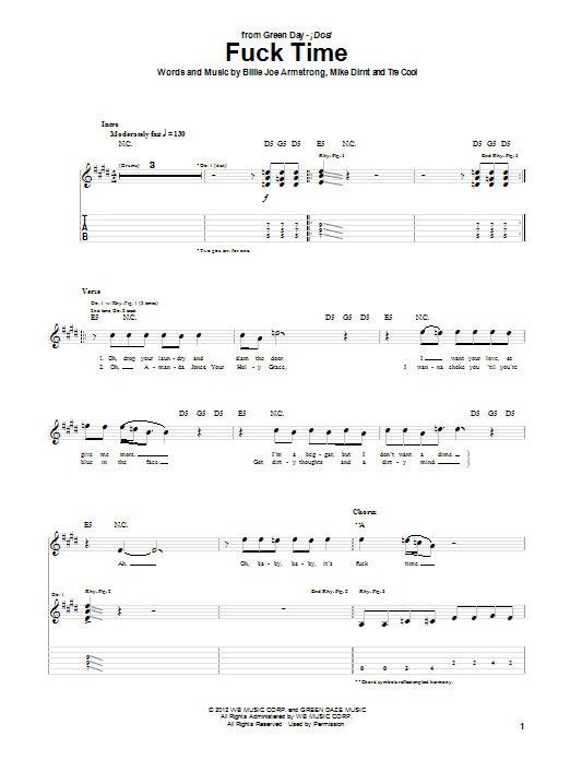 Green Day F*** Time sheet music notes and chords arranged for Guitar Tab