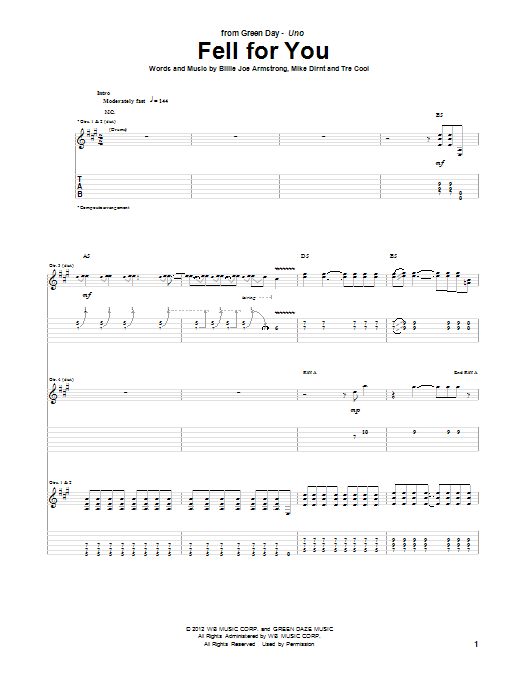 Green Day Fell For You sheet music notes and chords arranged for Guitar Tab