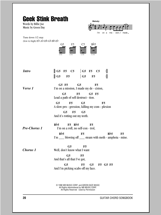 Green Day Geek Stink Breath sheet music notes and chords arranged for Guitar Chords/Lyrics