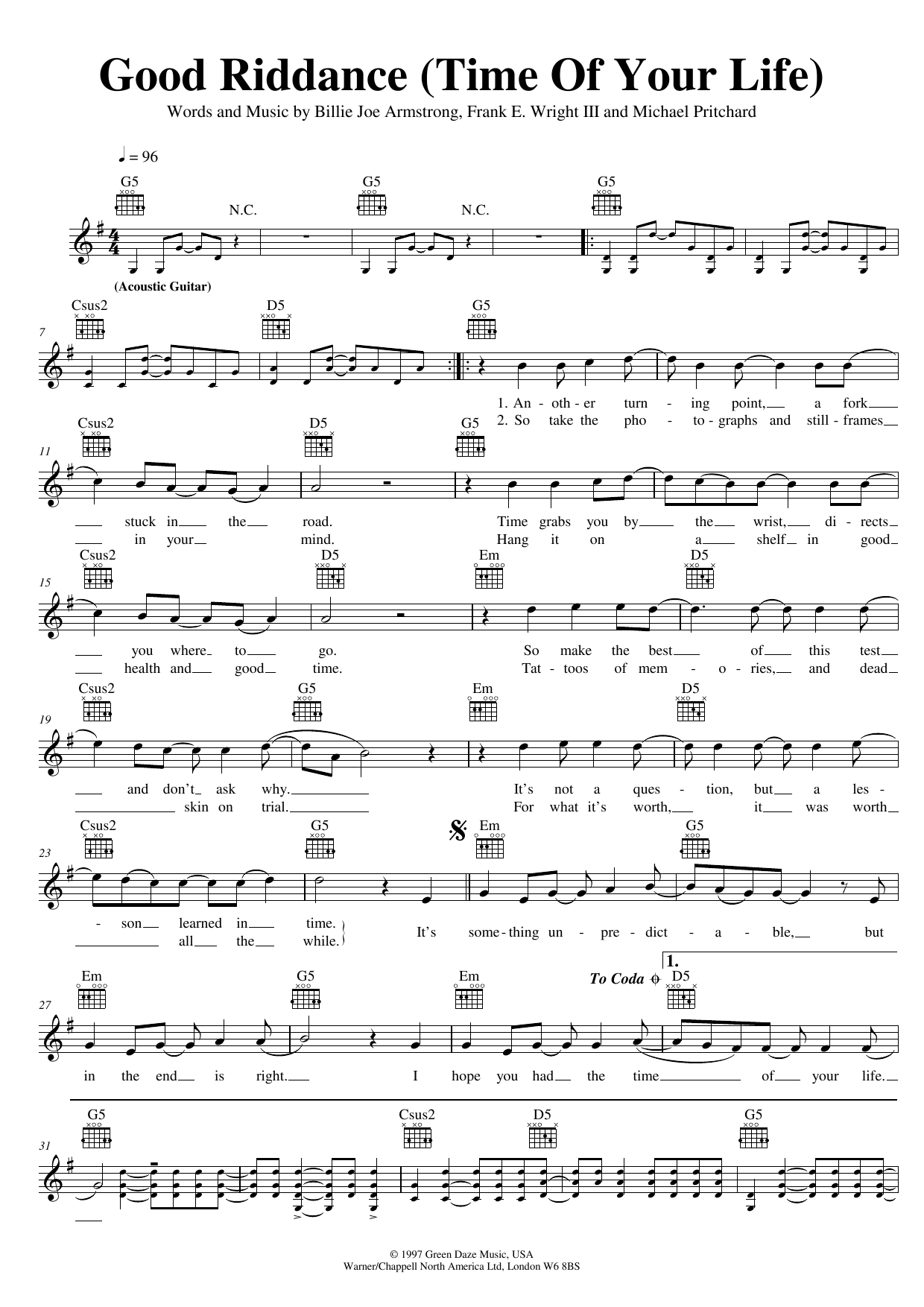 Green Day Good Riddance (Time Of Your Life) sheet music notes and chords arranged for Easy Ukulele Tab