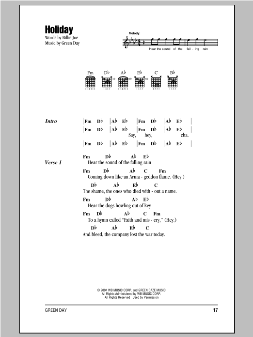 Green Day Holiday sheet music notes and chords arranged for Ukulele