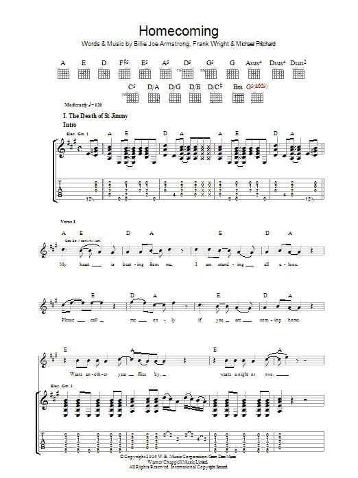 Green Day Homecoming sheet music notes and chords arranged for Guitar Tab