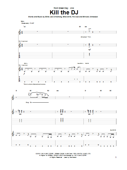 Green Day Kill The DJ sheet music notes and chords arranged for Guitar Tab