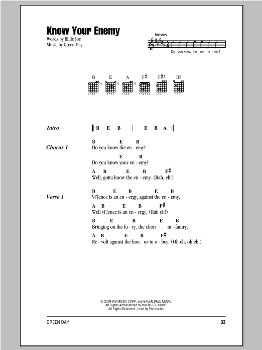 Green Day Know Your Enemy sheet music notes and chords arranged for Guitar Chords/Lyrics