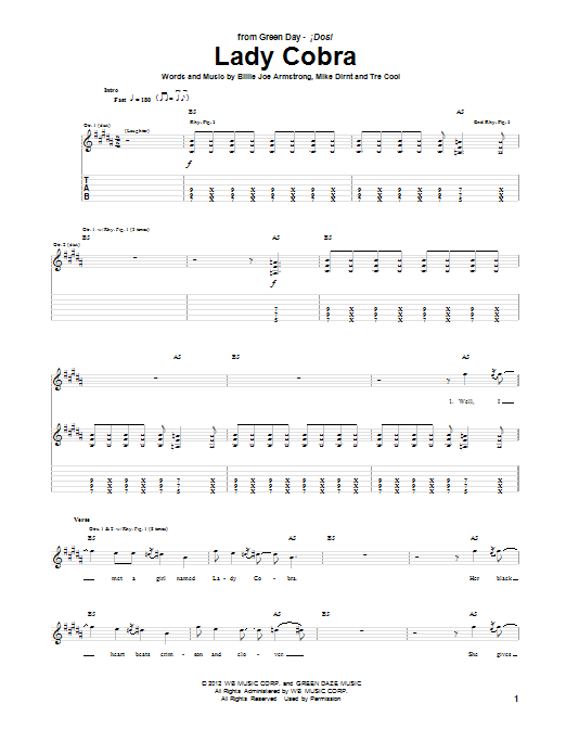 Green Day Lady Cobra sheet music notes and chords arranged for Guitar Tab