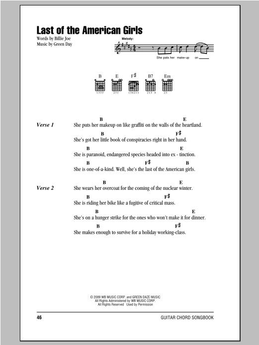Green Day Last Of The American Girls sheet music notes and chords arranged for Guitar Chords/Lyrics