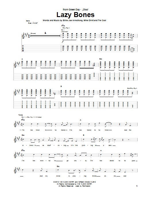 Green Day Lazy Bones sheet music notes and chords arranged for Guitar Tab