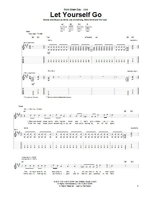 Green Day Let Yourself Go sheet music notes and chords arranged for Guitar Tab