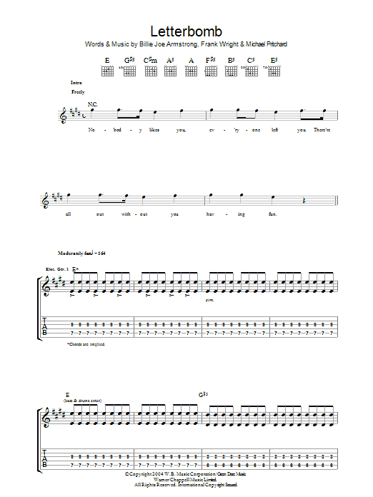 Green Day Letterbomb sheet music notes and chords arranged for Guitar Tab