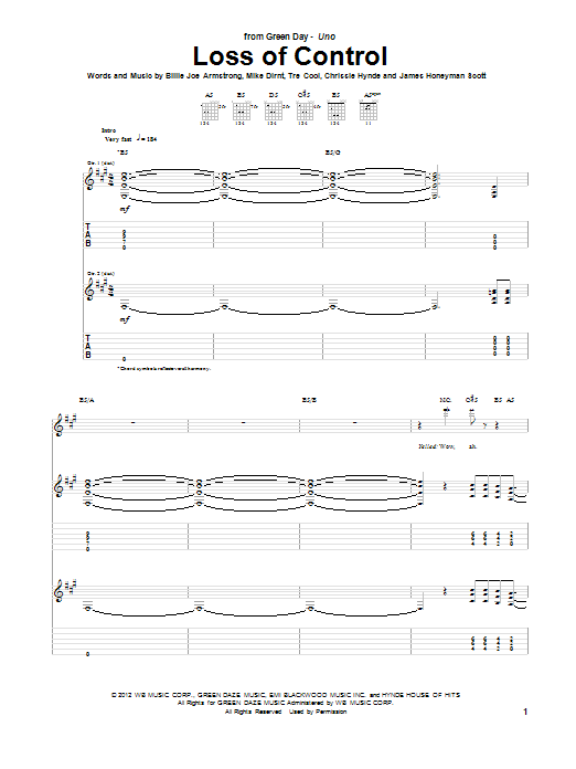 Green Day Loss Of Control sheet music notes and chords arranged for Guitar Tab