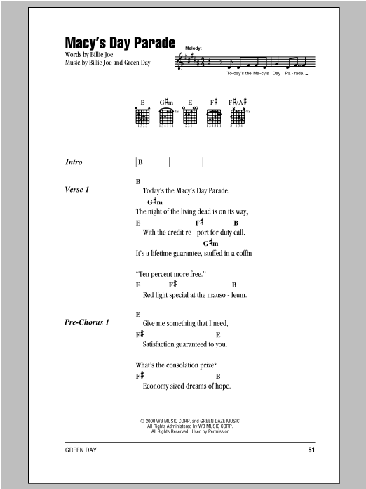 Green Day Macy's Day Parade sheet music notes and chords arranged for Guitar Chords/Lyrics