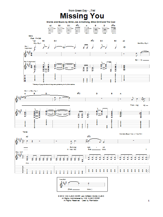 Green Day Missing You sheet music notes and chords arranged for Guitar Tab