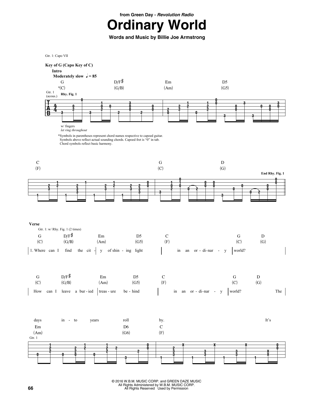 Green Day Ordinary World sheet music notes and chords arranged for Guitar Rhythm Tab