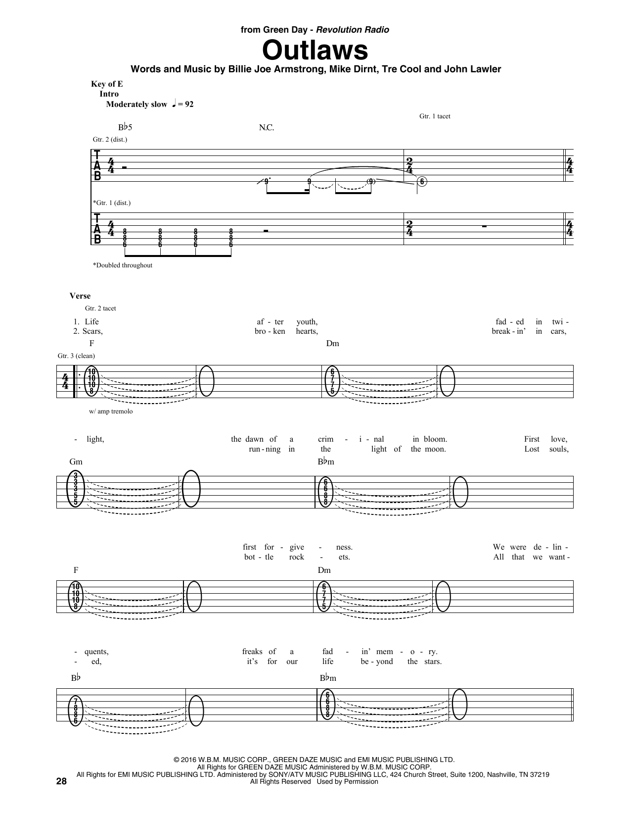 Green Day Outlaws sheet music notes and chords arranged for Guitar Rhythm Tab