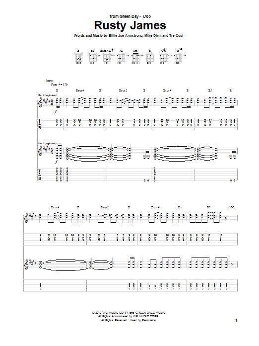 Green Day Rusty James sheet music notes and chords arranged for Guitar Tab