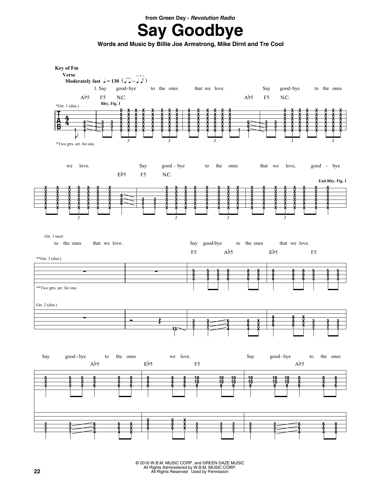 Green Day Say Goodbye sheet music notes and chords arranged for Guitar Rhythm Tab