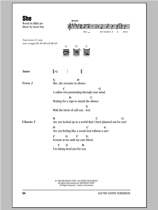 Green Day She sheet music notes and chords arranged for Guitar Tab (Single Guitar)