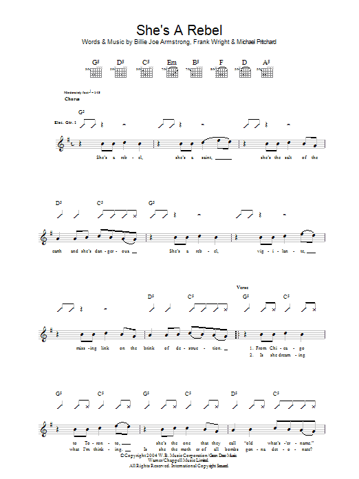 Green Day She's A Rebel sheet music notes and chords arranged for Guitar Tab