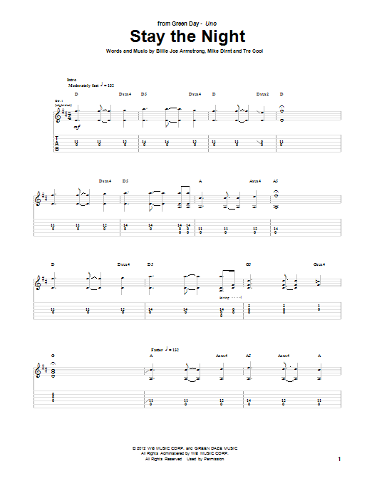 Green Day Stay The Night sheet music notes and chords arranged for Guitar Tab
