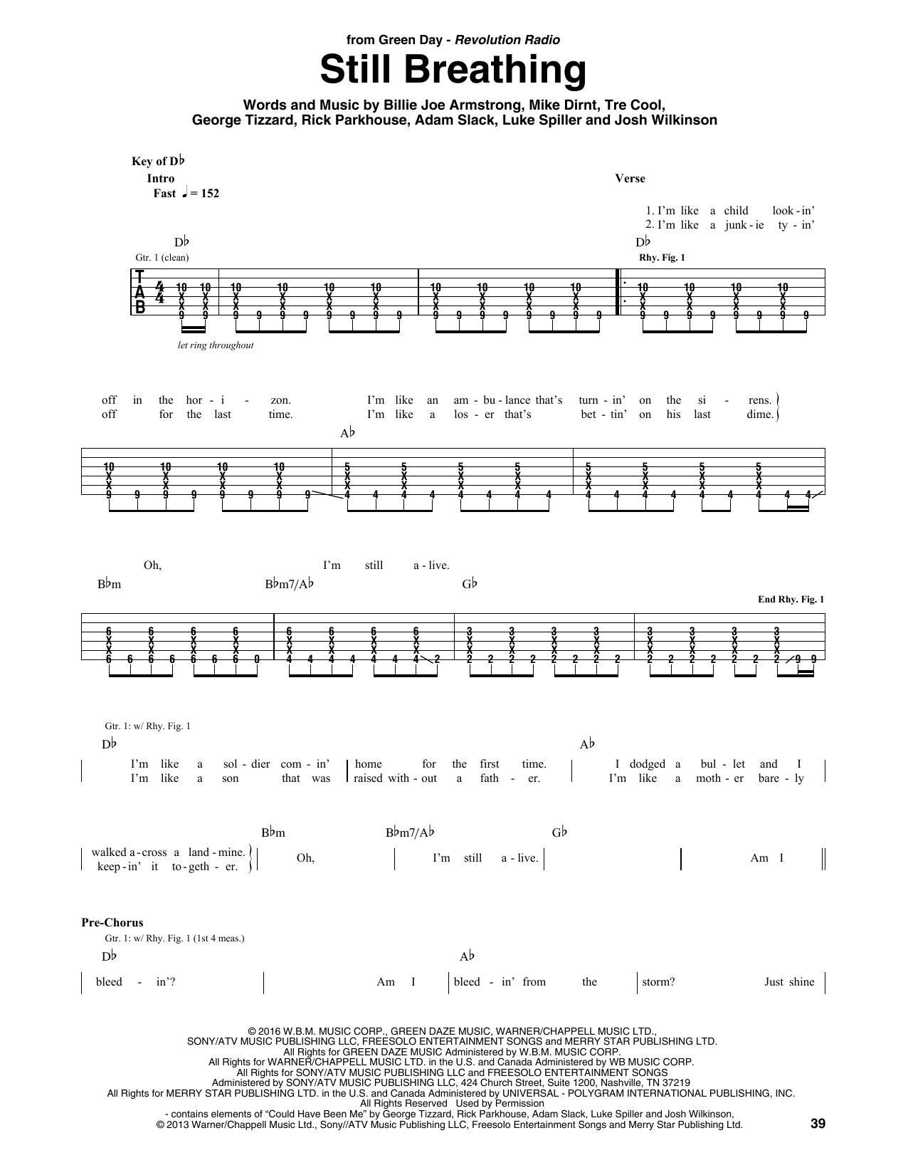 Green Day Still Breathing sheet music notes and chords arranged for Guitar Rhythm Tab