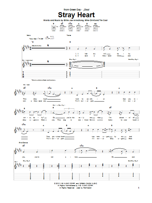 Green Day Stray Heart sheet music notes and chords arranged for Guitar Tab