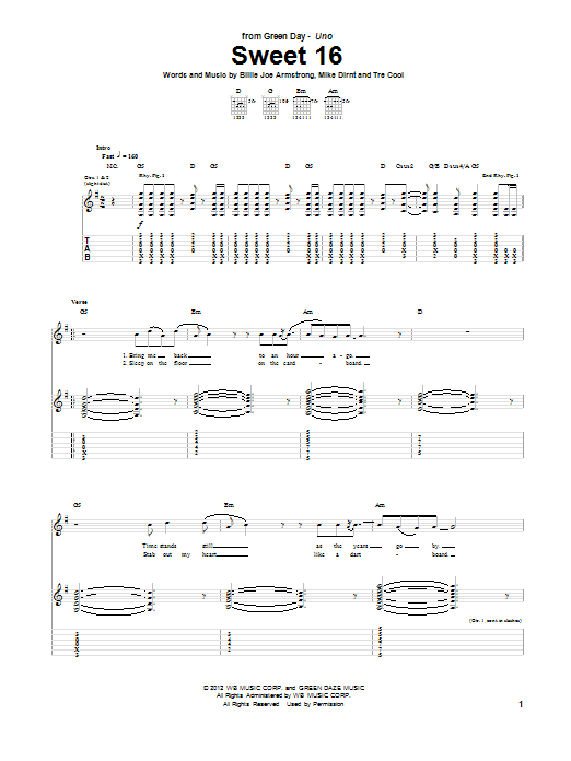 Green Day Sweet 16 sheet music notes and chords arranged for Guitar Tab