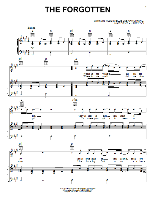 Green Day The Forgotten sheet music notes and chords arranged for Piano, Vocal & Guitar Chords (Right-Hand Melody)