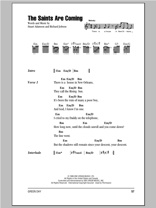Green Day The Saints Are Coming sheet music notes and chords arranged for Guitar Chords/Lyrics