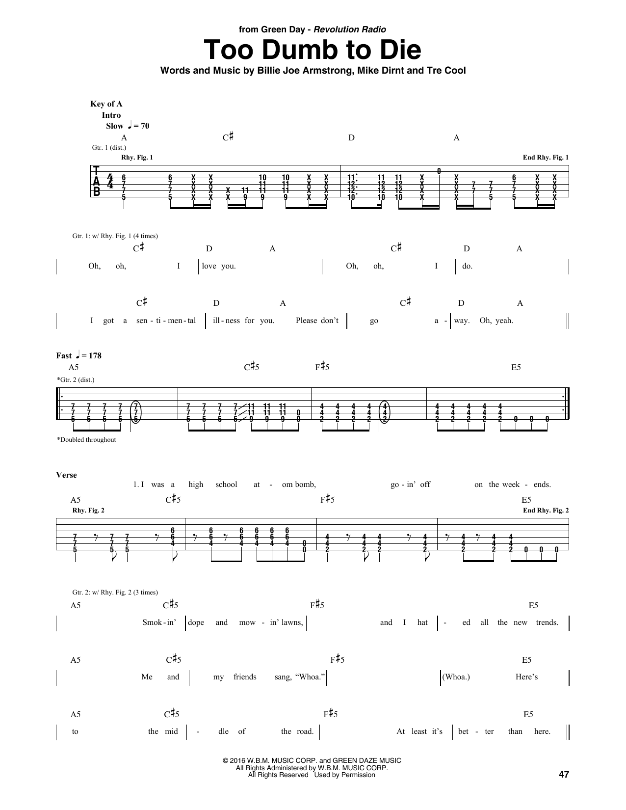 Green Day Too Dumb To Die sheet music notes and chords arranged for Guitar Rhythm Tab