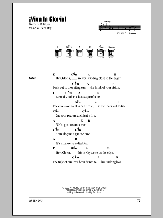 Green Day Viva La Gloria! sheet music notes and chords arranged for Guitar Chords/Lyrics