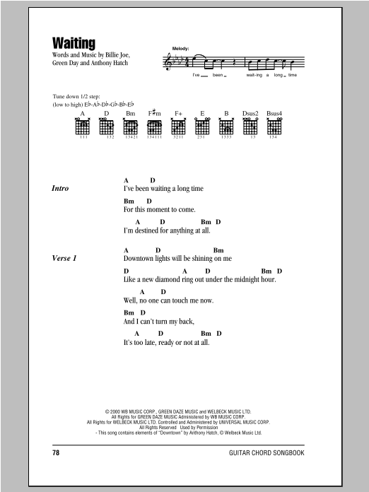 Green Day Waiting sheet music notes and chords arranged for Guitar Chords/Lyrics