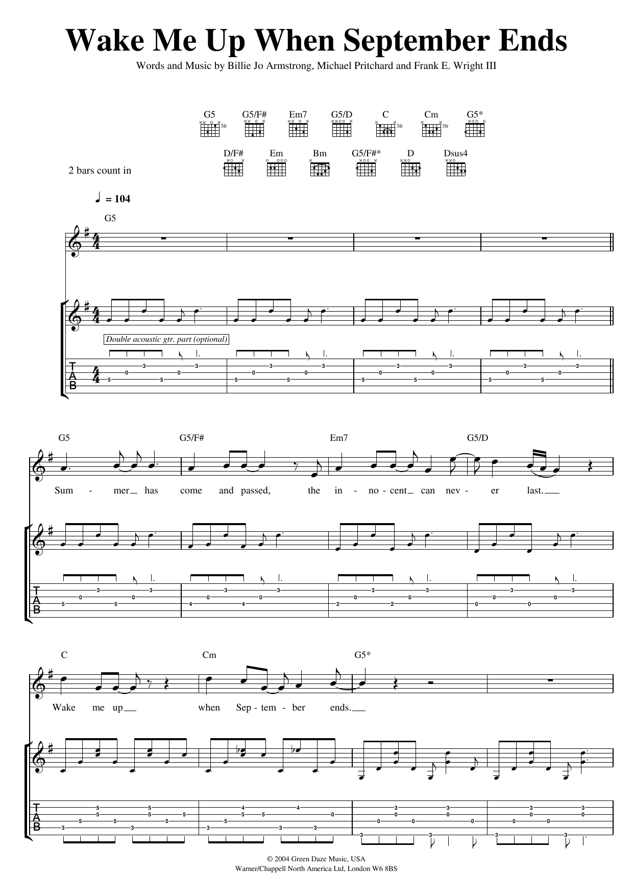 Green Day Wake Me Up When September Ends sheet music notes and chords arranged for Guitar Tab (Single Guitar)