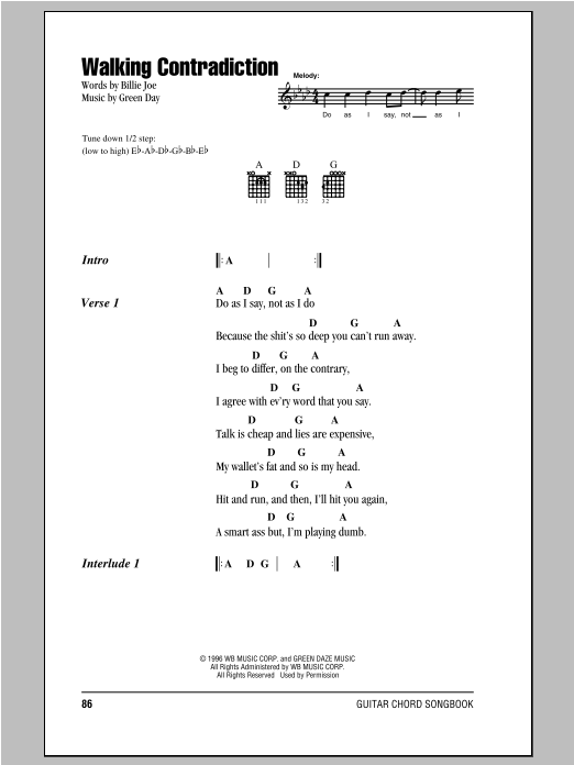 Green Day Walking Contradiction sheet music notes and chords arranged for Guitar Chords/Lyrics