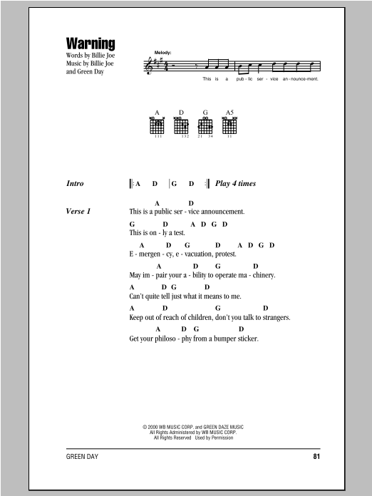 Green Day Warning sheet music notes and chords arranged for Guitar Chords/Lyrics