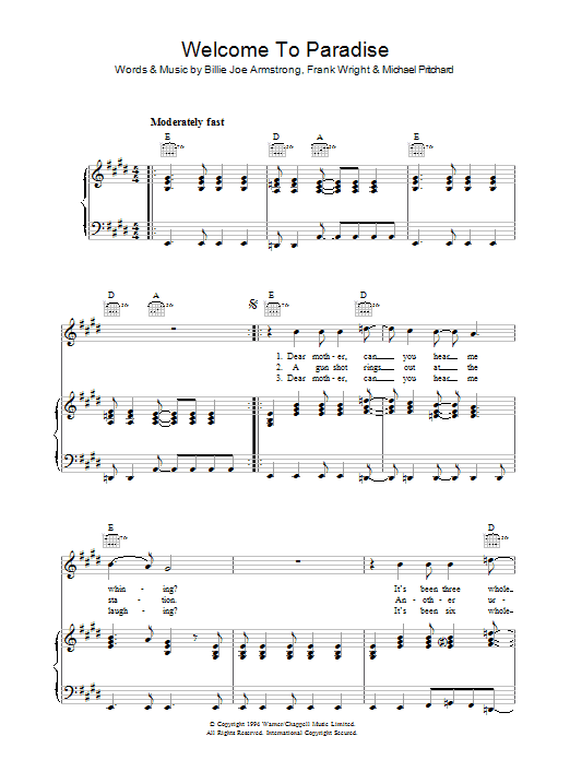 Green Day Welcome To Paradise sheet music notes and chords arranged for Piano, Vocal & Guitar Chords