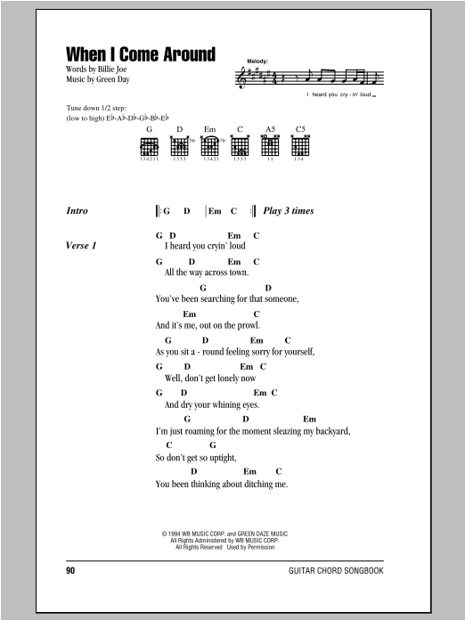 Green Day When I Come Around sheet music notes and chords arranged for Easy Guitar