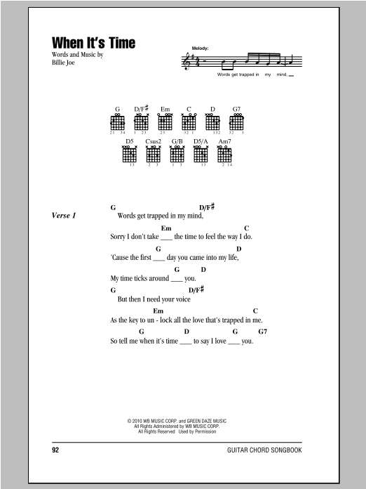 Green Day When It's Time sheet music notes and chords arranged for Guitar Chords/Lyrics