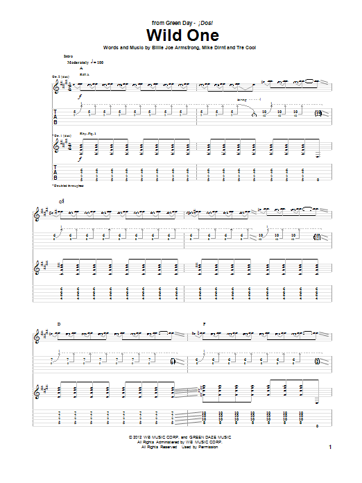 Green Day Wild One sheet music notes and chords arranged for Guitar Tab