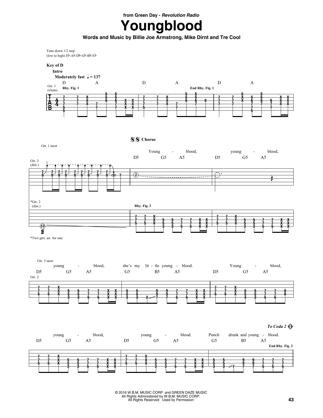 Green Day Youngblood sheet music notes and chords arranged for Guitar Rhythm Tab