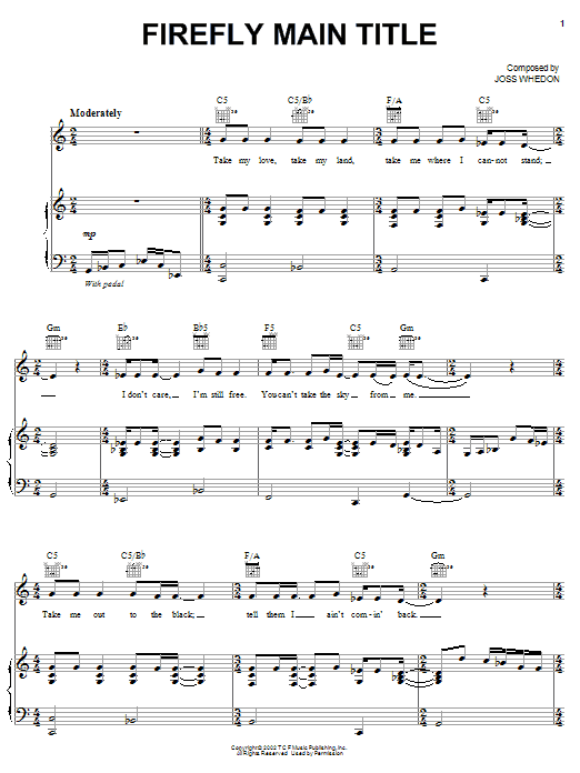Greg Edmonson Firefly Main Title sheet music notes and chords arranged for Piano, Vocal & Guitar Chords (Right-Hand Melody)