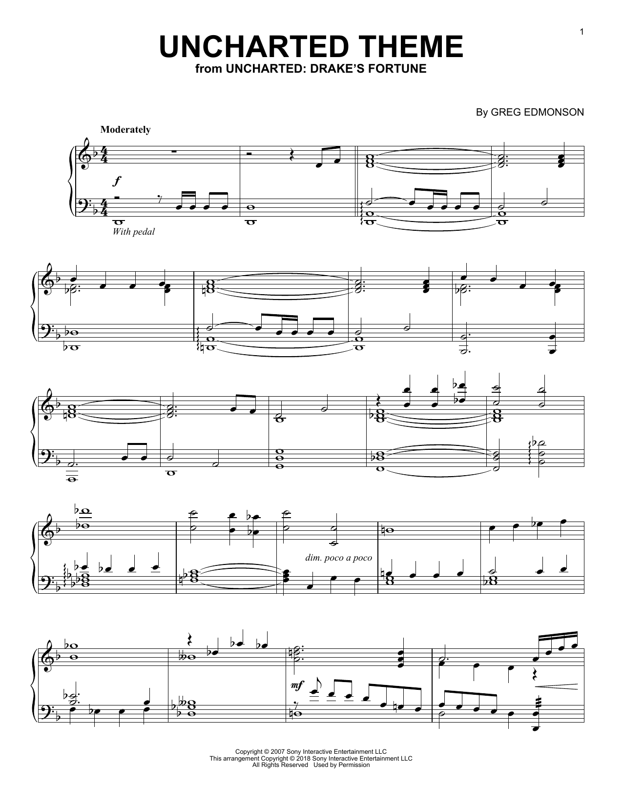 Greg Edmonson Uncharted Theme sheet music notes and chords arranged for Piano Solo