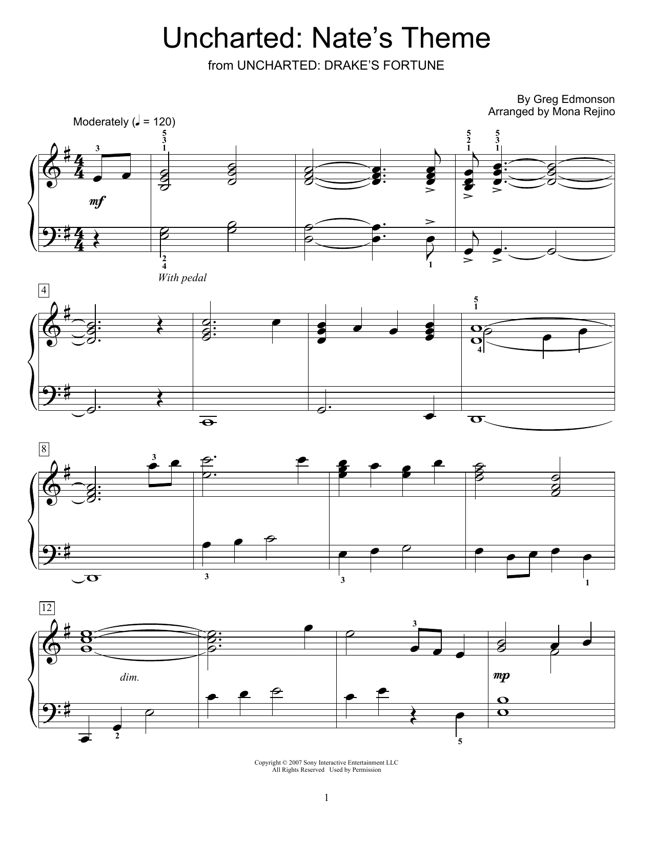 Greg Edmonson Uncharted: Nate's Theme (from Uncharted: Drake's Fortune) (arr. Mona Rejino) sheet music notes and chords arranged for Educational Piano