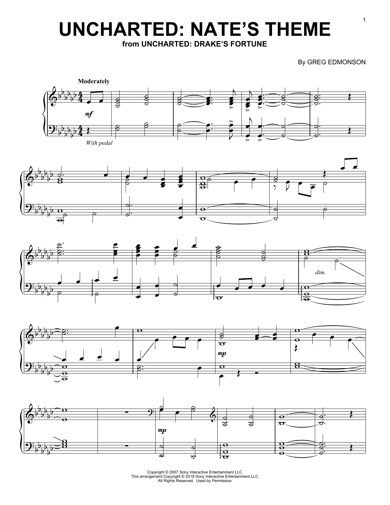 Greg Edmonson Uncharted: Nate's Theme (from Uncharted: Drake's Fortune) sheet music notes and chords arranged for Easy Piano