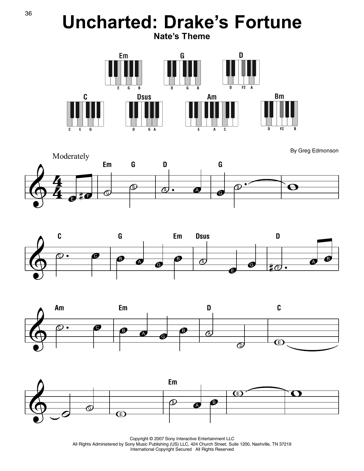 Greg Edmonson Uncharted: Nate's Theme sheet music notes and chords arranged for Super Easy Piano