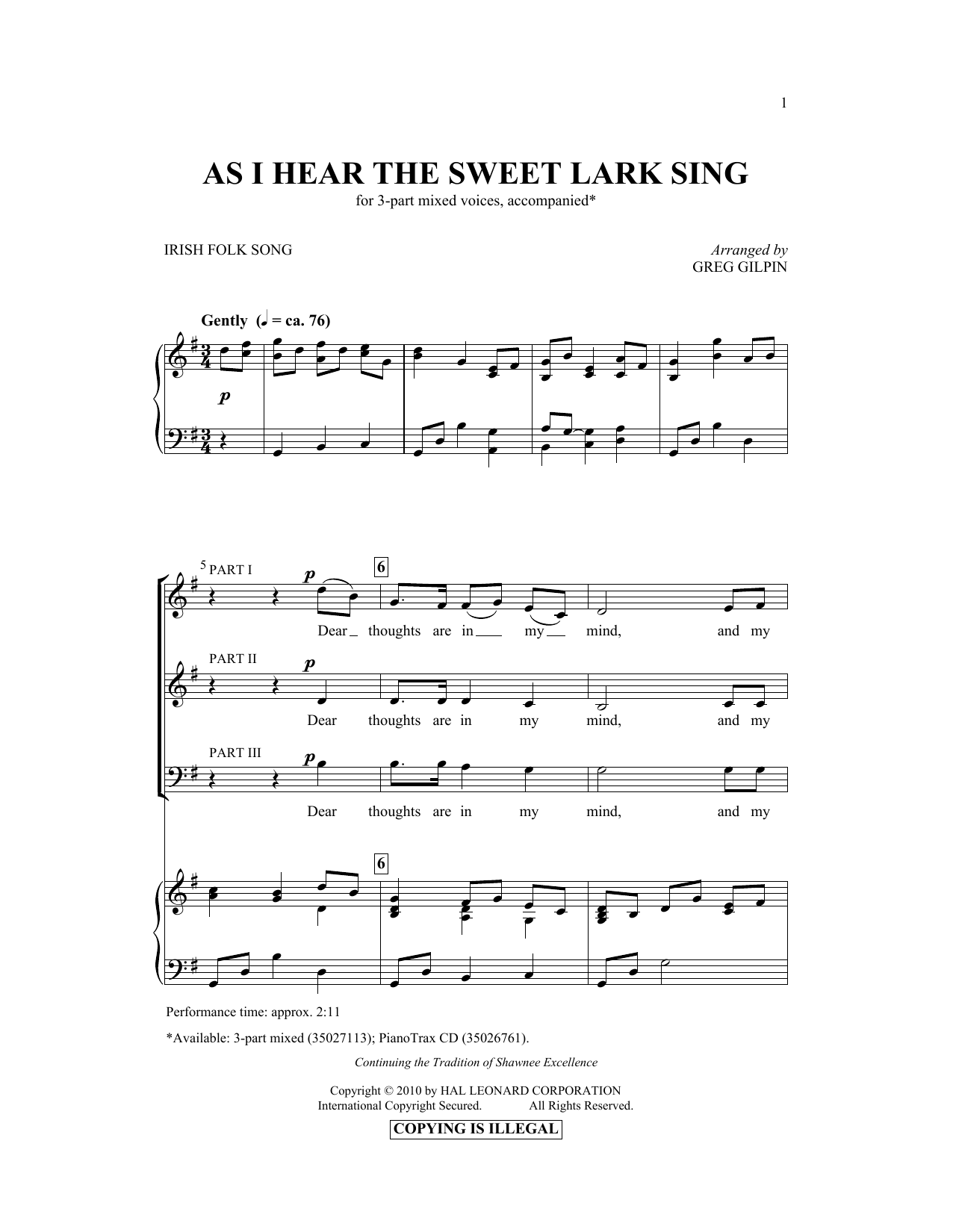 Greg Gilpin As I Hear The Sweet Lark Sing sheet music notes and chords arranged for 3-Part Mixed Choir
