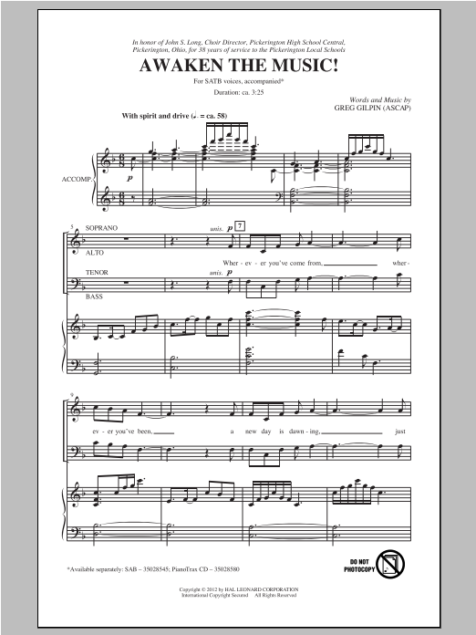 Greg Gilpin Awaken The Music sheet music notes and chords arranged for SAB Choir