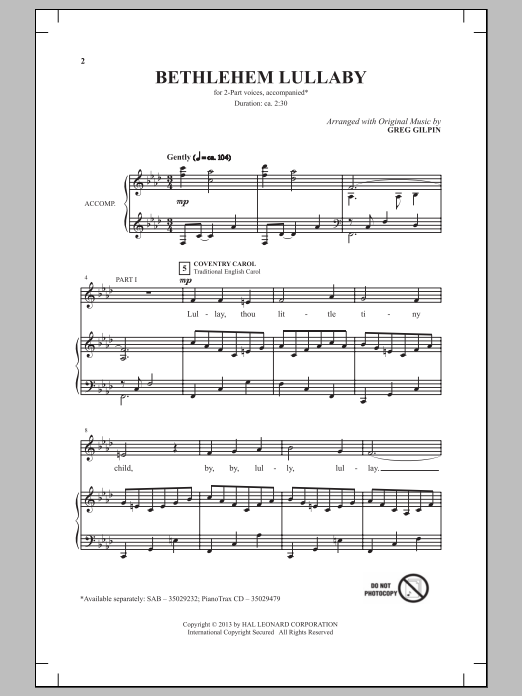 Greg Gilpin Bethlehem Lullaby sheet music notes and chords arranged for 2-Part Choir