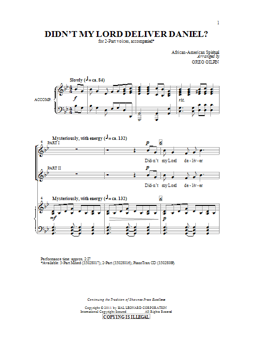 Greg Gilpin Didn't My Lord Deliver Daniel? sheet music notes and chords arranged for 2-Part Choir